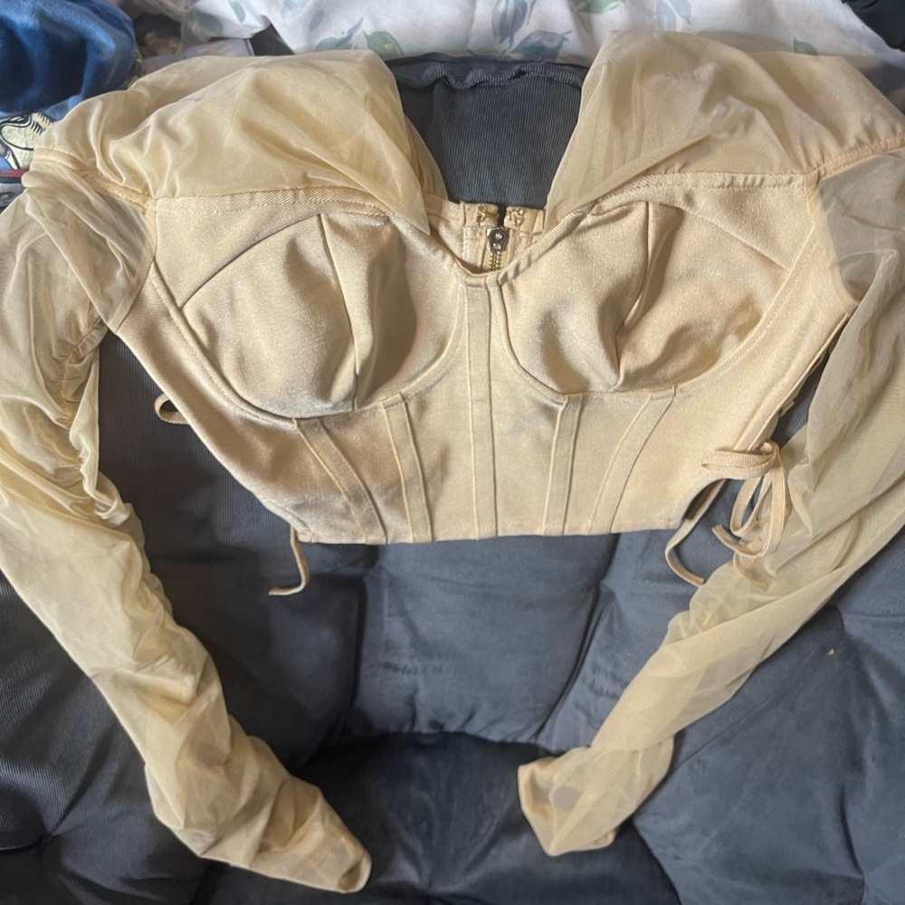 Cream mesh long sleeve crop top